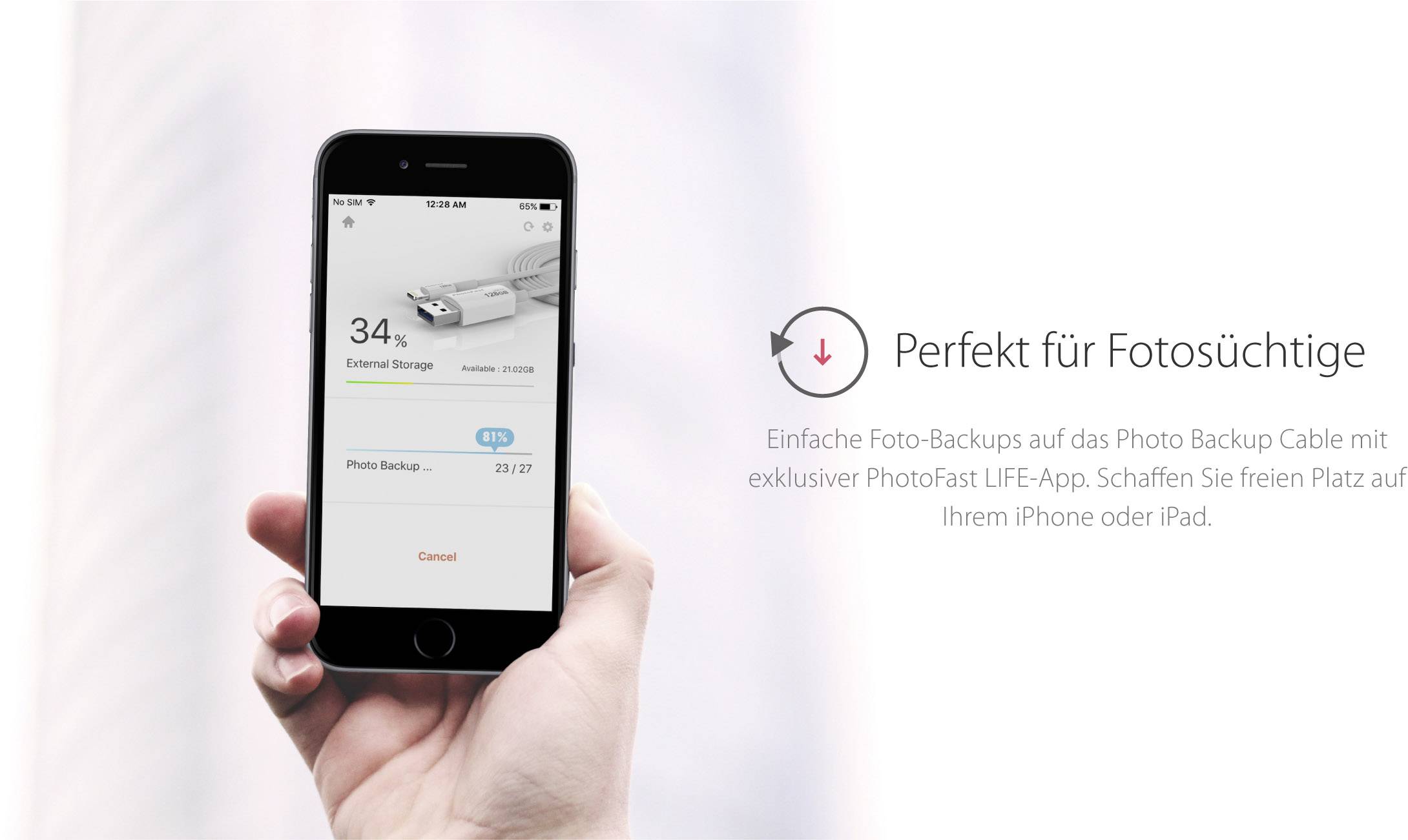 PhotoFast Photo Backup Cable USB-Zusatzspeicher Smartphone/Tablet Weiß 32 GB Apple Lightning, USB 3.2 Gen 1 (USB 3.0)