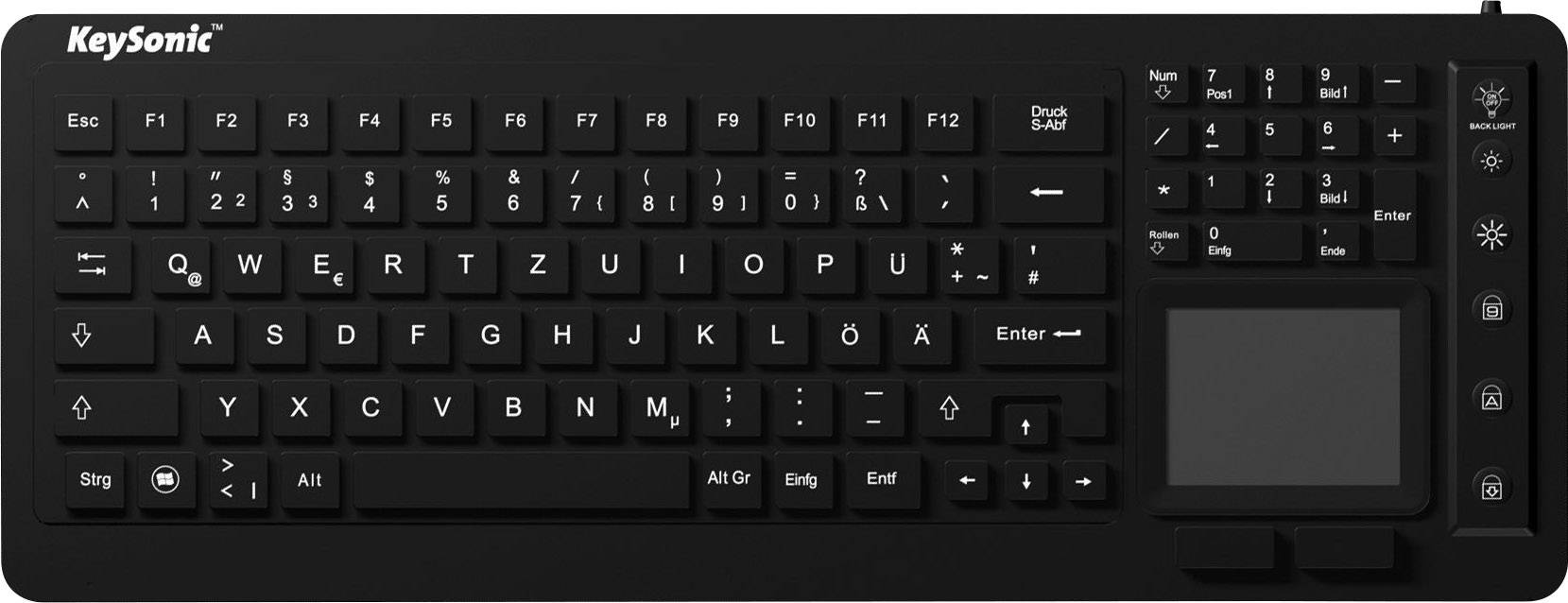 Keysonic KSK-6231 INEL (DE) USB Tastatur Deutsch, QWERTZ Schwarz Silikonmembran, Wasserfest (IPX7), Beleuchtet, Integriertes Touchpad, Maustasten