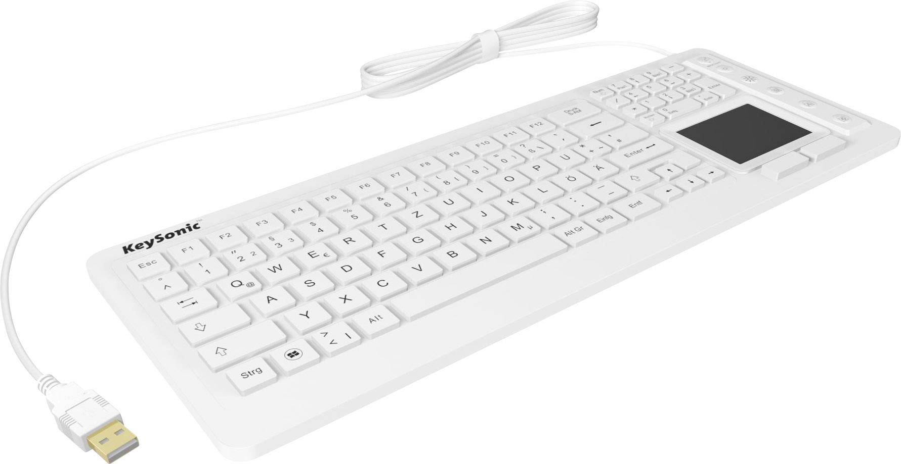 Keysonic KSK-6231 INEL (DE) USB Tastatur Deutsch, QWERTZ Weiß Silikonmembran, Wasserfest (IPX7), Beleuchtet, Integriertes Touchpad, Maustasten