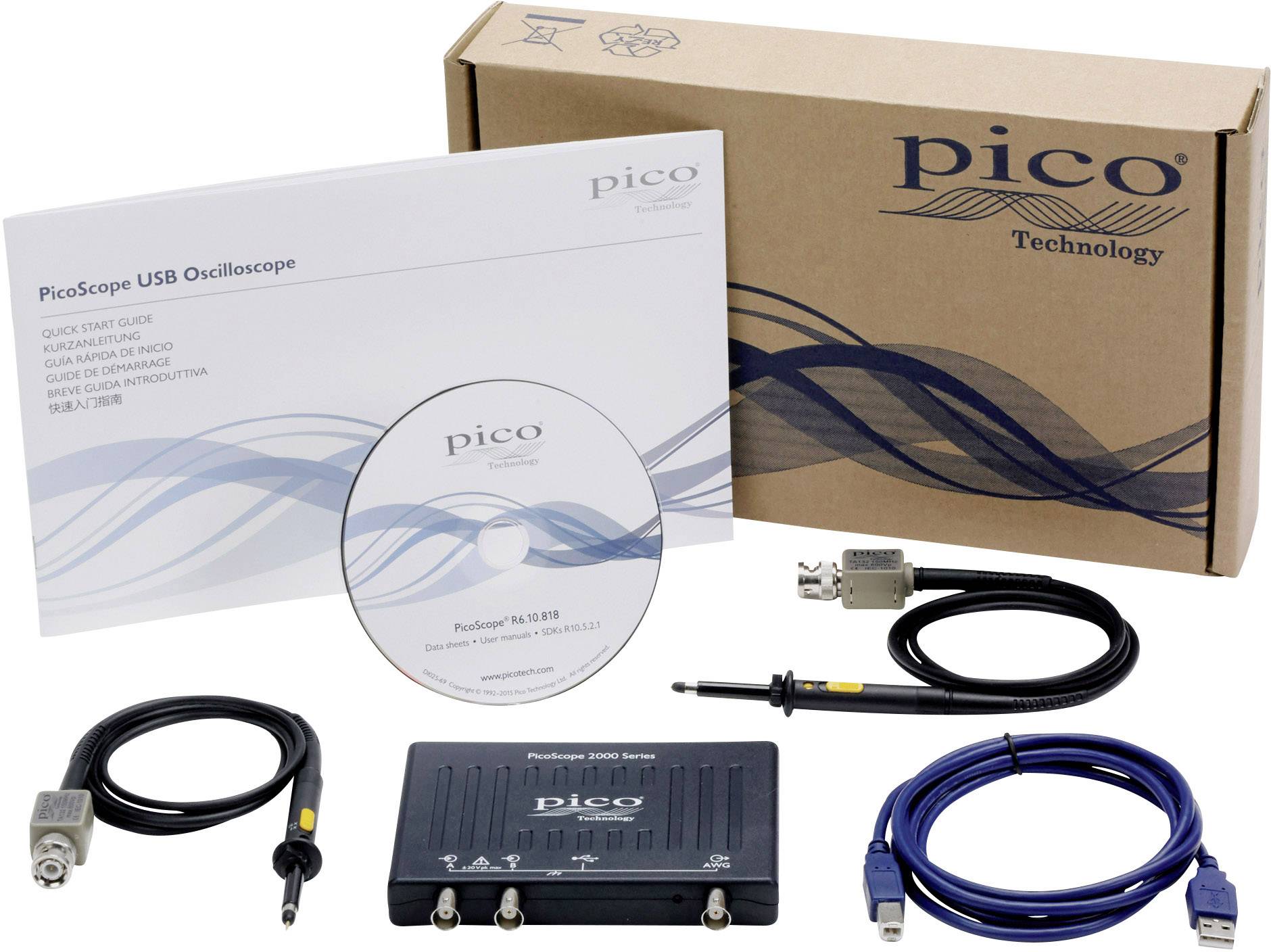 pico 2208B USB-Oszilloskop 100 MHz 2-Kanal 500 MSa/s 128 Mpts 8 Bit Digital-Speicher (DSO), Funktionsgenerator, Spectrum-Analyser 1 St.