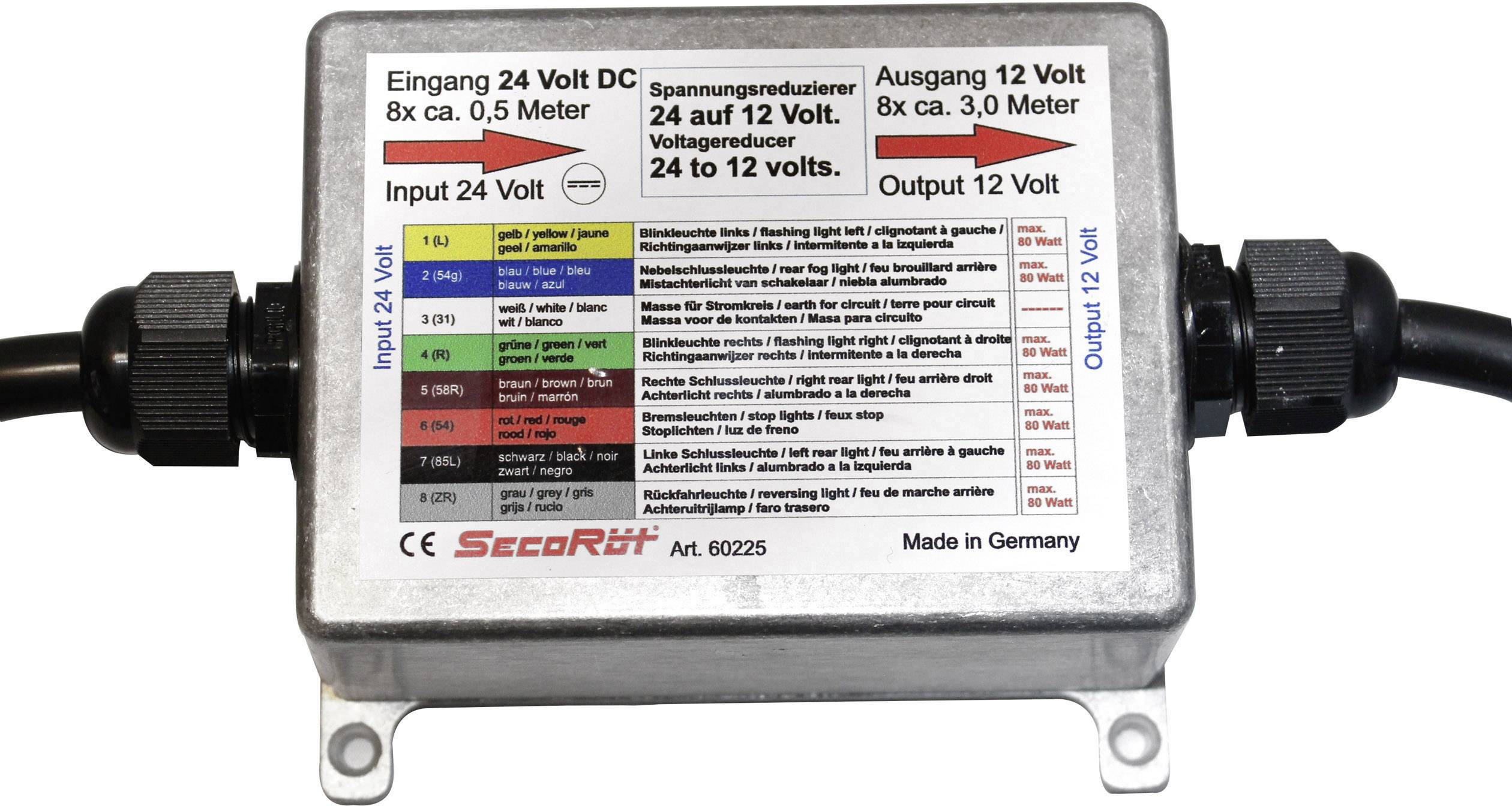 'Spannungsreduzierer 24 auf 12 Volt' Gerät mit Eingangs- und Ausgangsanschlüssen, farbigen Tabellen für Spezifikationen und Herstellerlogo.