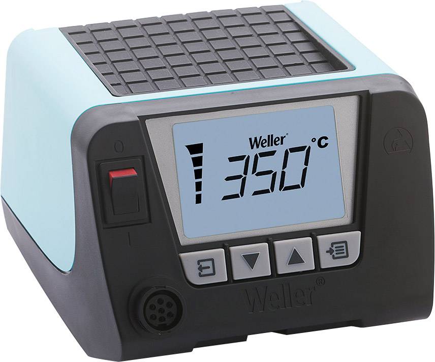 Elektronische Lötstation mit Display zeigt Temperatur '350°C', quadratisches Design, blaue Seiten. Wippschalter, Tasten und Anschluss sichtbar.