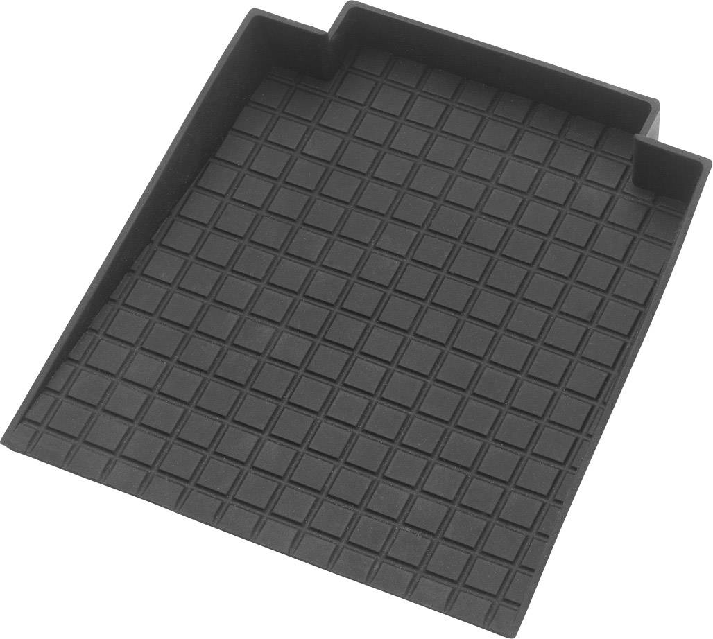 Schwarze, rechteckige Gummimatte mit quadratischen Mustern, leicht erhöhte Ränder auf zwei Seiten.