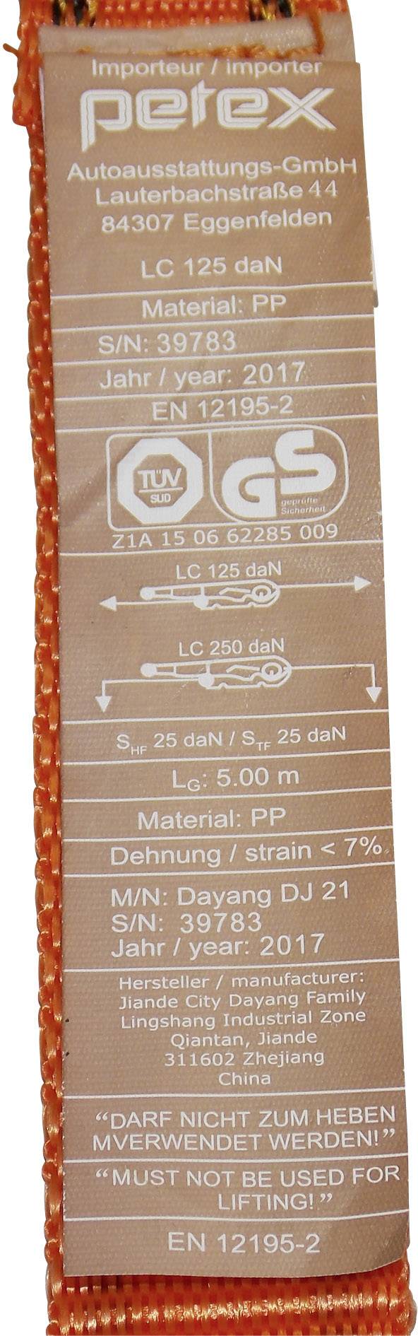 Petex 43192635 Einteiliger Spanngurt Zugkraft LC Niederzurren (einzeln/direkt)=125 daN (L x B) 5m x 25mm Ratsche EN 12195