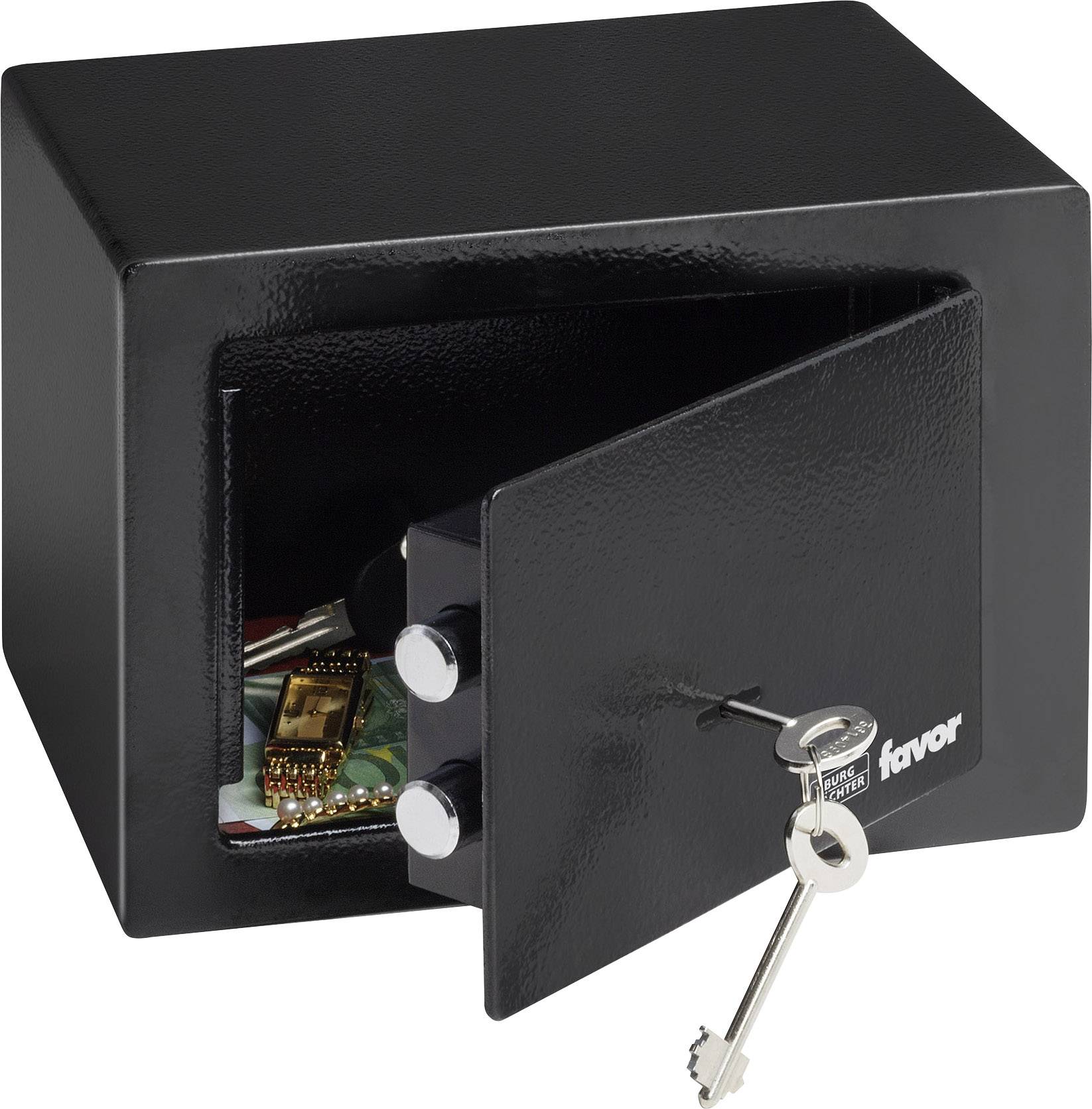 Ein geöffneter schwarzer Safe mit einem Schlüssel im Schloss zeigt Schmuck und Dokumente im Inneren.