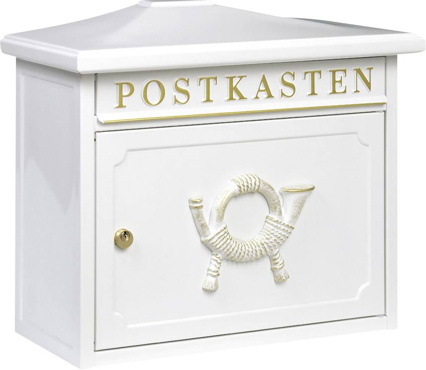 Ein weißer Briefkasten mit der Aufschrift 'POSTKASTEN' in goldener Schrift. Auf der Vorderseite ist ein Posthorn-Relief abgebildet.