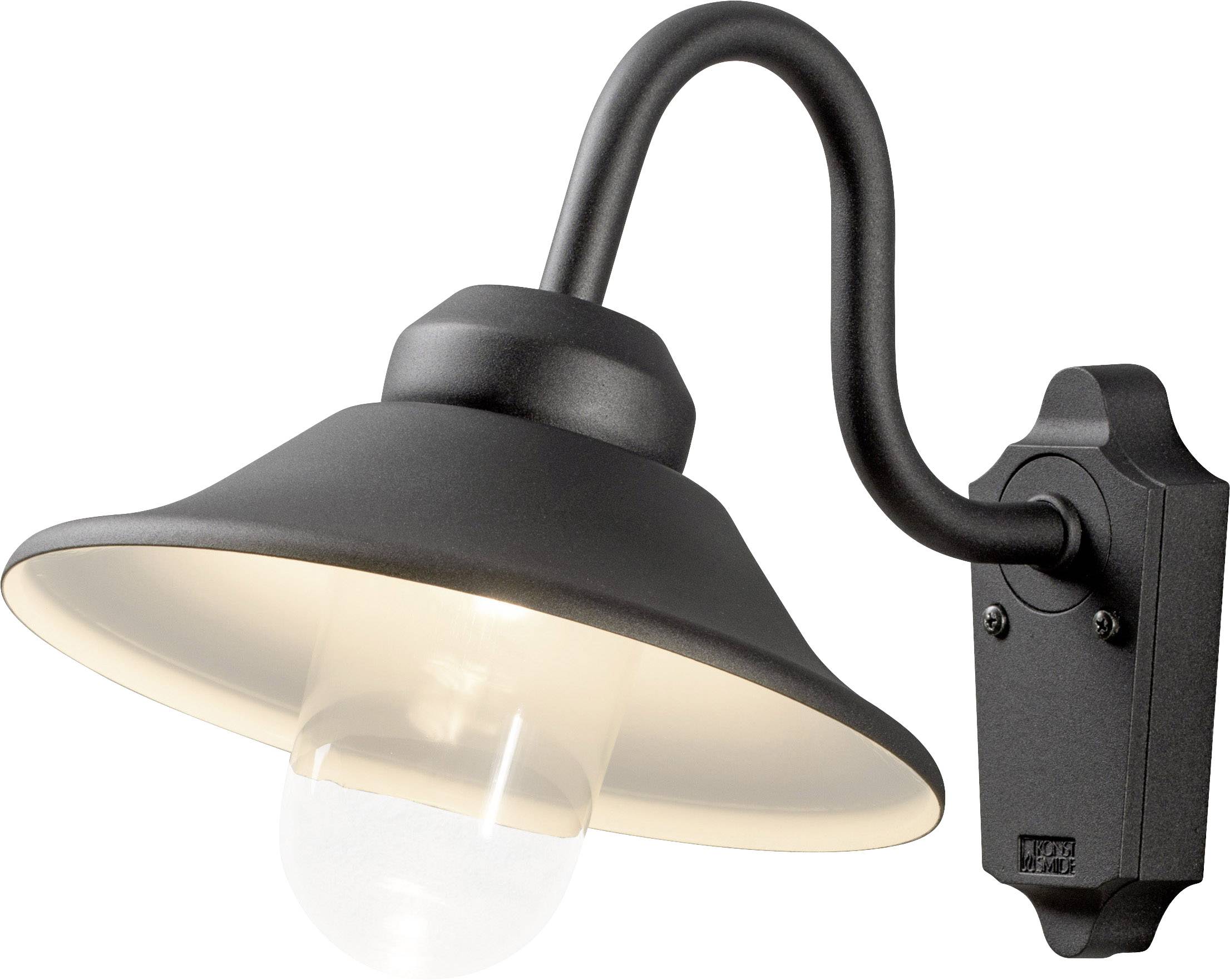 Schwarze Außenwandlampe mit gebogenem Arm und klassischem Design, die eine gleichmäßige Ausleuchtung bietet. Geeignet für Eingangsbereiche.