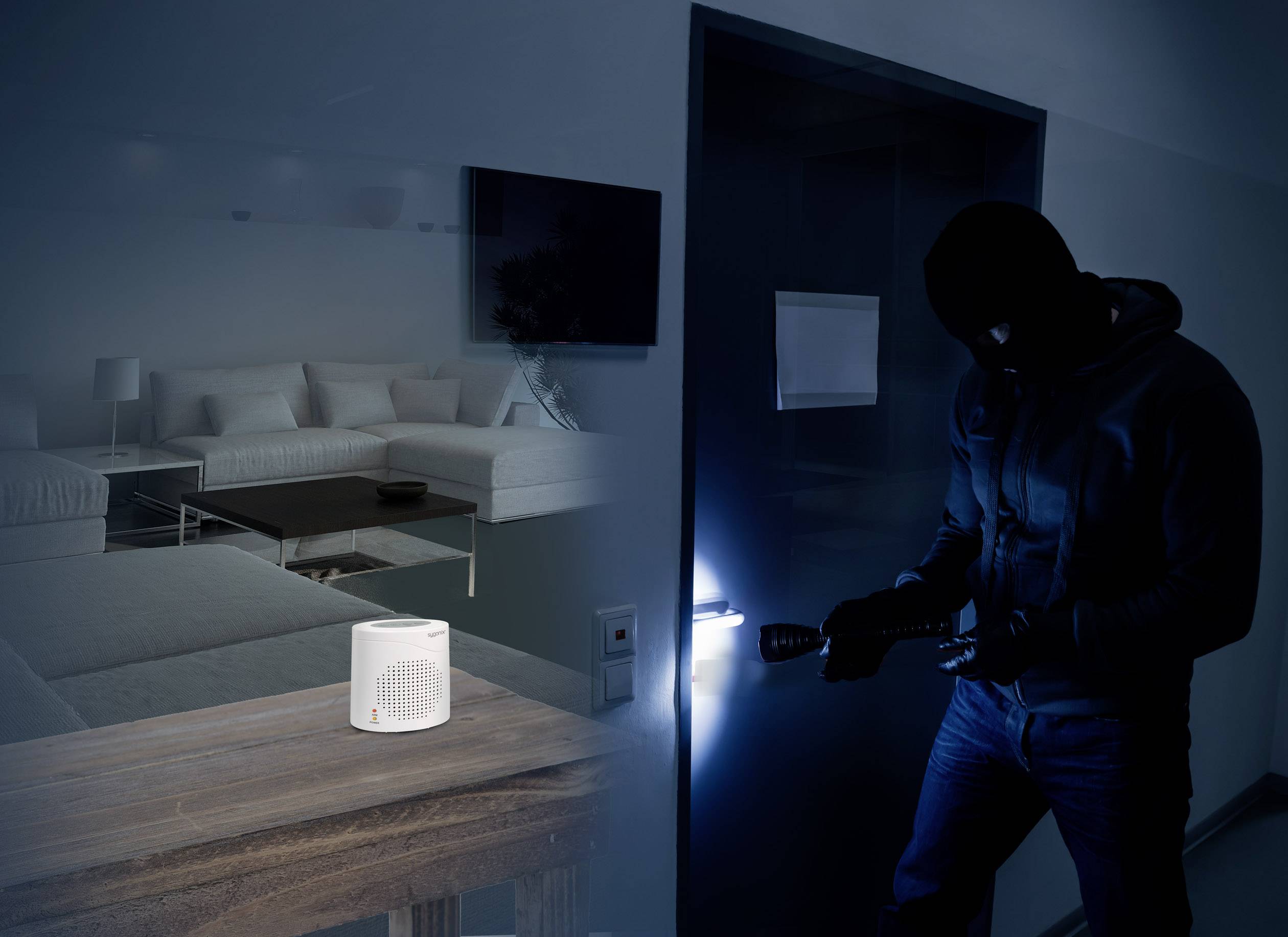 Sygonix Elektronischer Wachhund DD01 Weiß mit Fernbedienung 120 dB