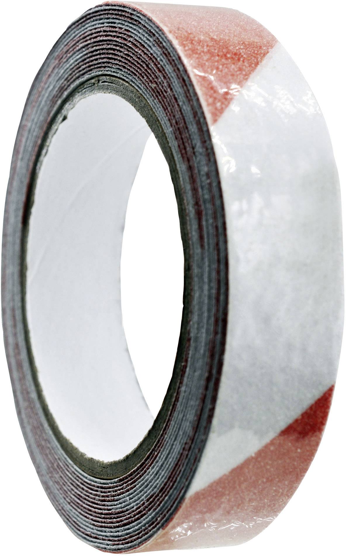 Eine Rolle Klebeband mit rot-weißem Streifenmuster, schräg abgebildet, hauptsächlich für Signalisierungszwecke verwendet.