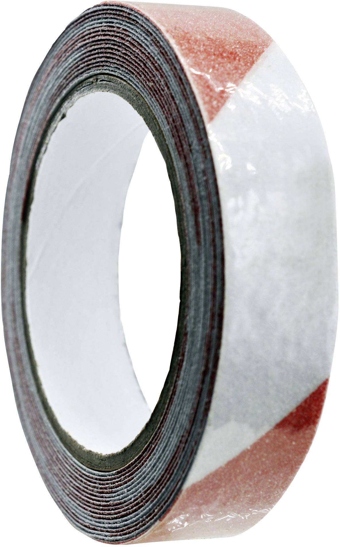 Eine Rolle Klebeband mit abwechselnden roten und weißen diagonalen Streifen, geeignet für Markierungen oder Warnhinweise.