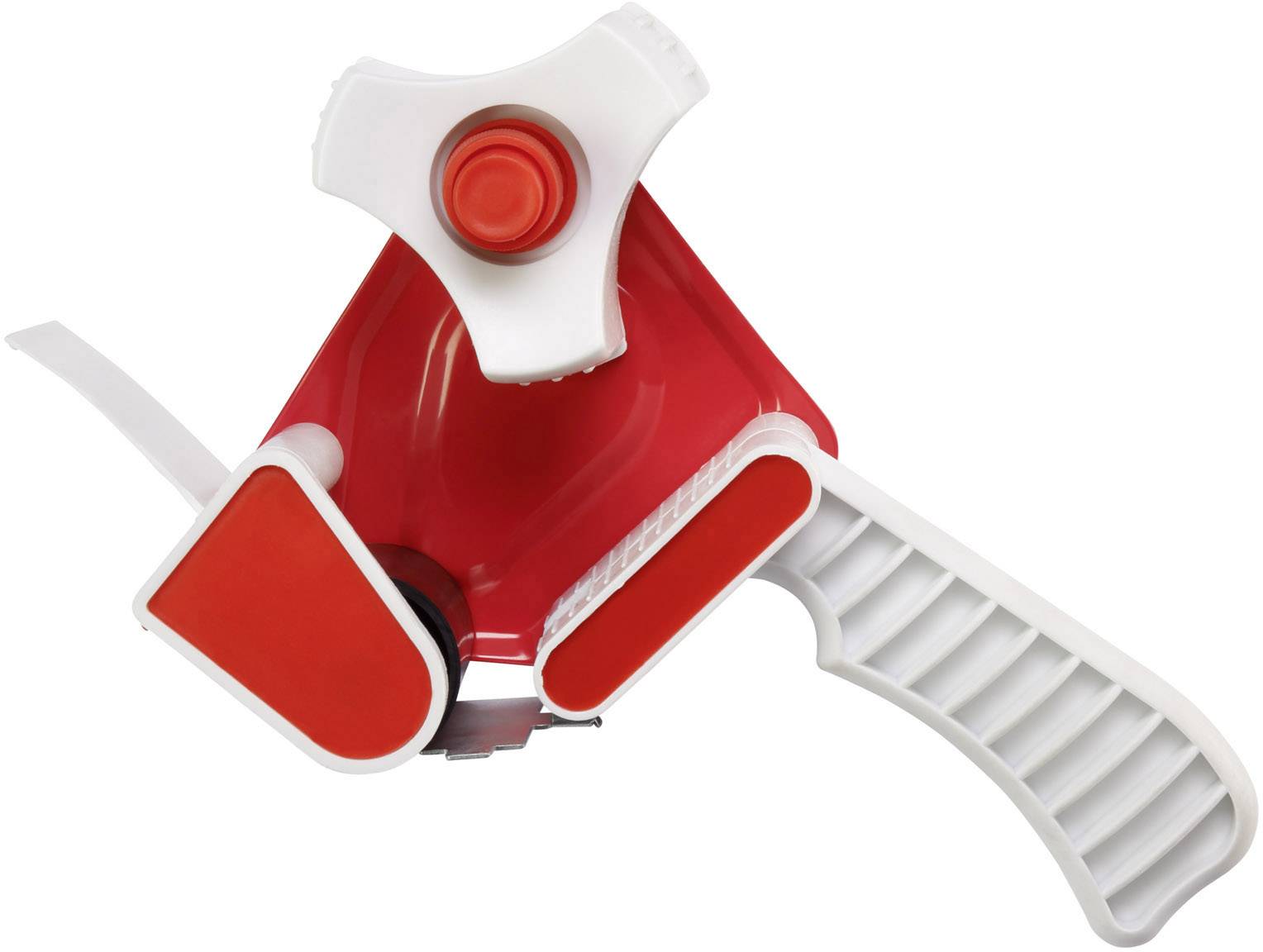 Roter und weißer Handabroller für Klebeband, nützlich zum effizienten Versiegeln von Kartons und Paketen.