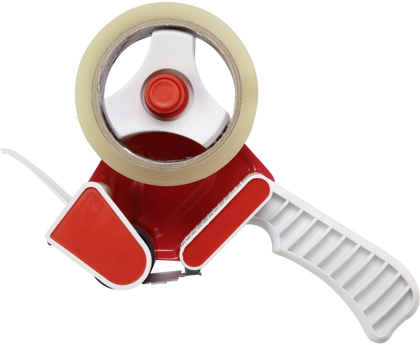Ein roter Handabroller mit Klebeband, in einem typischen Design für das Verpacken von Kartons.