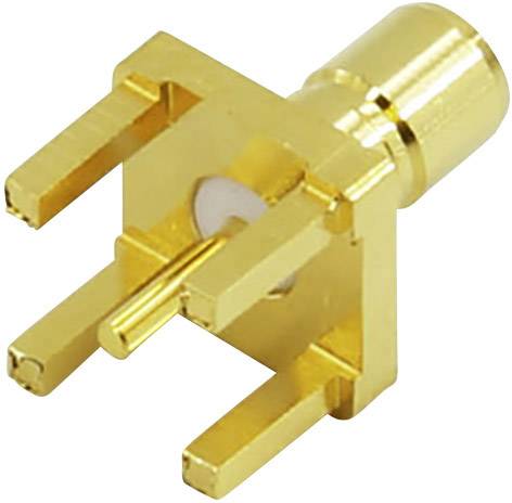 Ein goldener Koaxialstecker mit quadratischer Basis und vier Stiften. Verwendet für Hochfrequenzverbindungen in elektronischen Geräten.