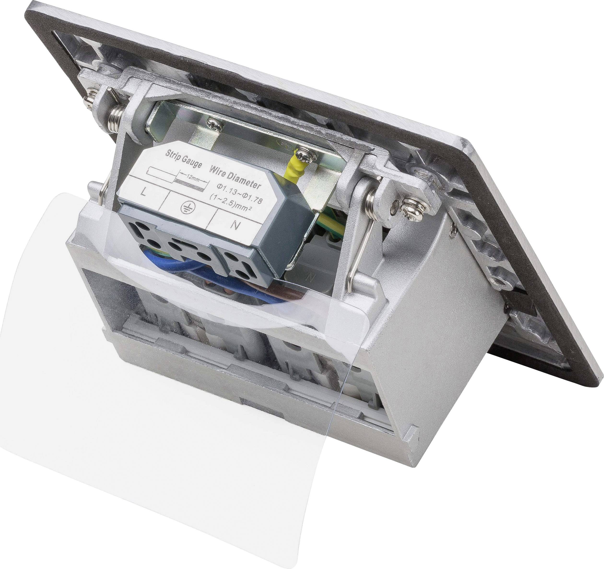 Elektrische Steckdose ohne Abdeckung, zeigt interne Verkabelung und Anschlussstellen. Geeignet für Elektroinstallationsarbeiten.