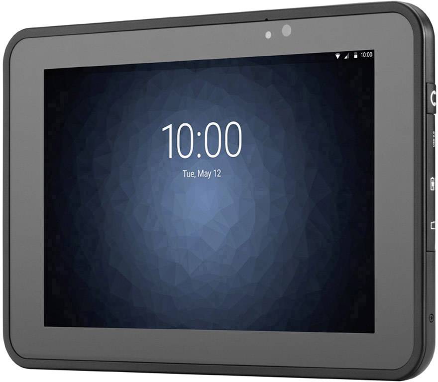 Ein schwarzes Tablet mit einem blauen Bildschirm, auf dem '10:00, Tue, May 12' angezeigt wird.