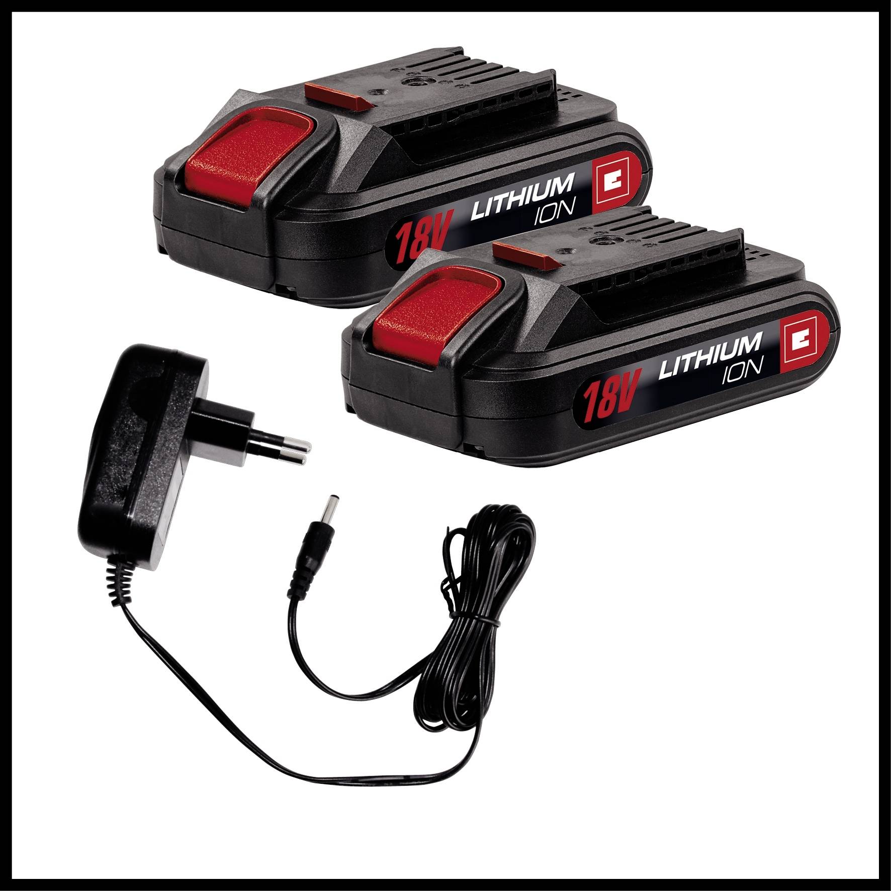 Zwei schwarze 18V Lithium-Ionen-Akkus mit rotem Detail und ein Ladegerät mit Kabel. Geeignet für Elektrowerkzeuge.