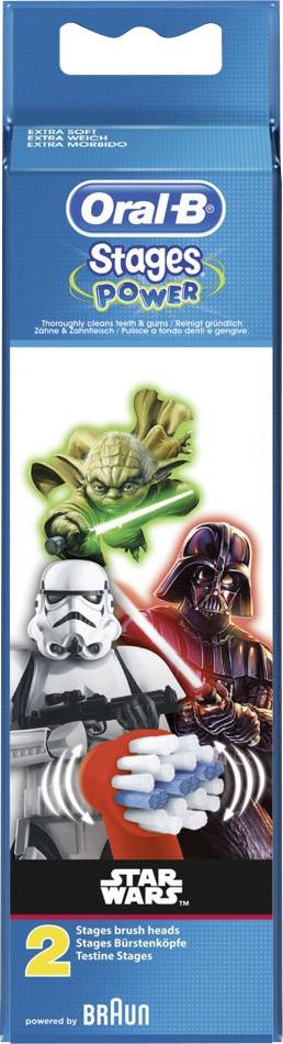 Verpackung von Oral-B Zahnbürstenköpfen für Kinder mit Star Wars-Motiven. Yoda und Darth Vader sind prominent abgebildet.