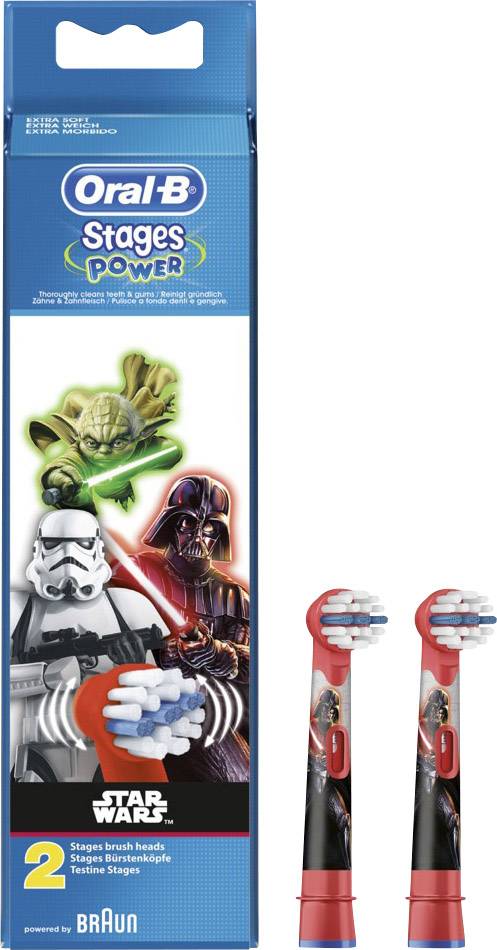 Zwei rote elektrische Zahnbürstenköpfe mit Star Wars-Motiven; Verpackung zeigt Charaktere wie Yoda und Darth Vader. Geeignet für Kinder.