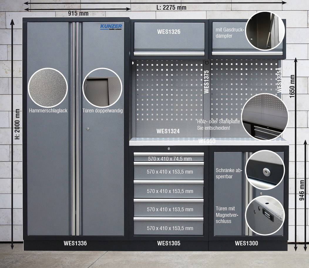 Kunzer WESS1 Werkstattmodul 1 mit Edelstahlarbeitsplatte (B x H x T) 2275 x 2000 x 458mm