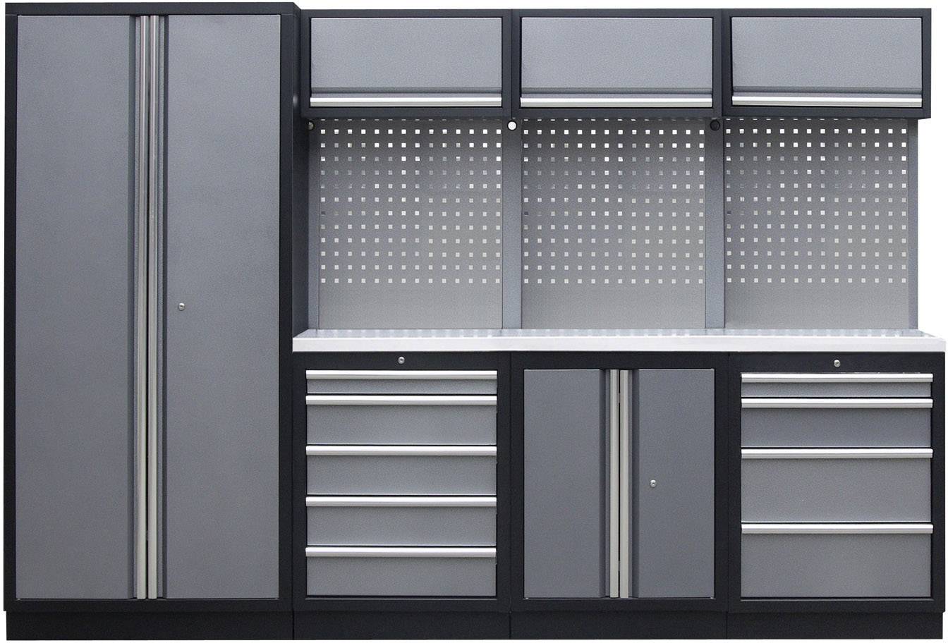 Graue und schwarze Werkbank mit mehreren Schubladen und Schränken, sowie einer Lochwand für Werkzeugaufhängung.