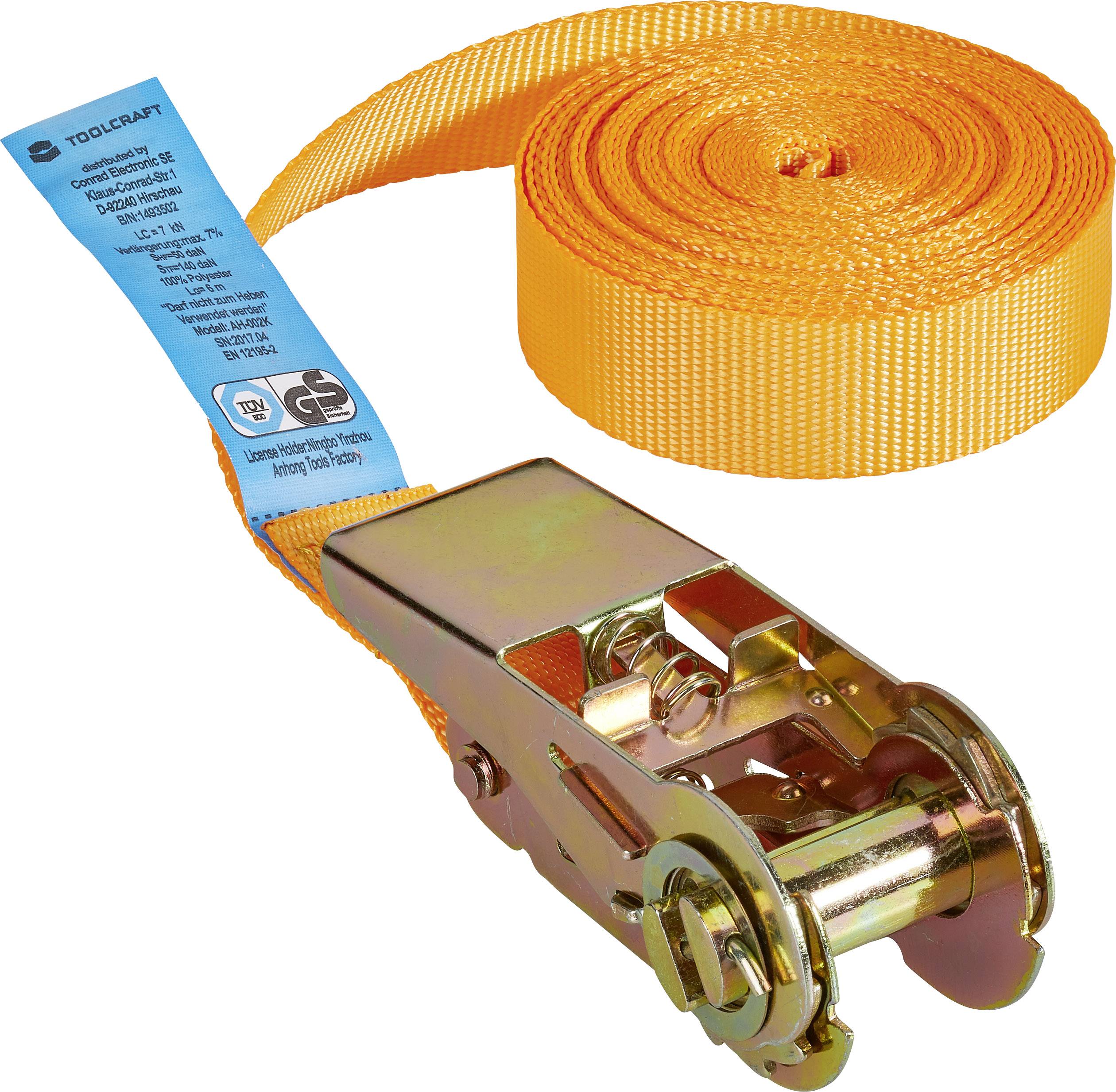 TOOLCRAFT TO-6802776 Einteiliger Spanngurt Zugkraft LC Niederzurren (einzeln/direkt)=350 daN (L x B) 6m x 25mm Ratsche EN 12195-2