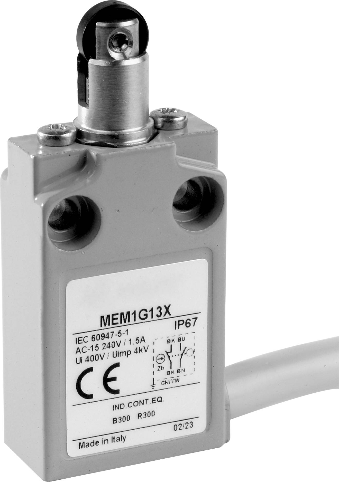 Industrieller Endschalter mit Metallgehäuse, Modell 'MEM1G13X'. Aufschrift: IEC 60947-5-1, IP67, 240V, 1,5A. Made in Italy.