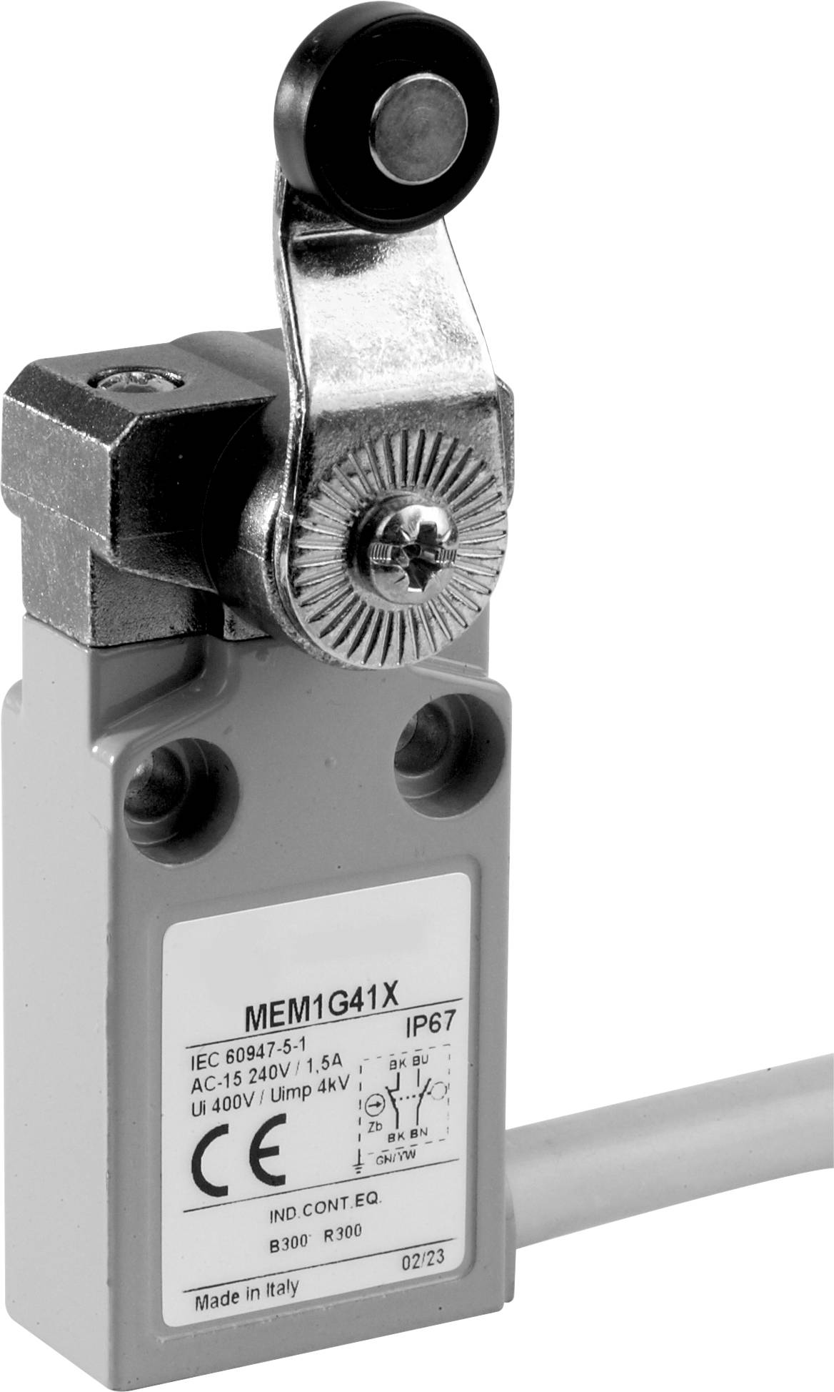 Ein Schalter mit Hebelmechanismus. Auf dem Gehäuse sind technische Spezifikationen wie IP67-Schutzklasse und elektrische Details angegeben.