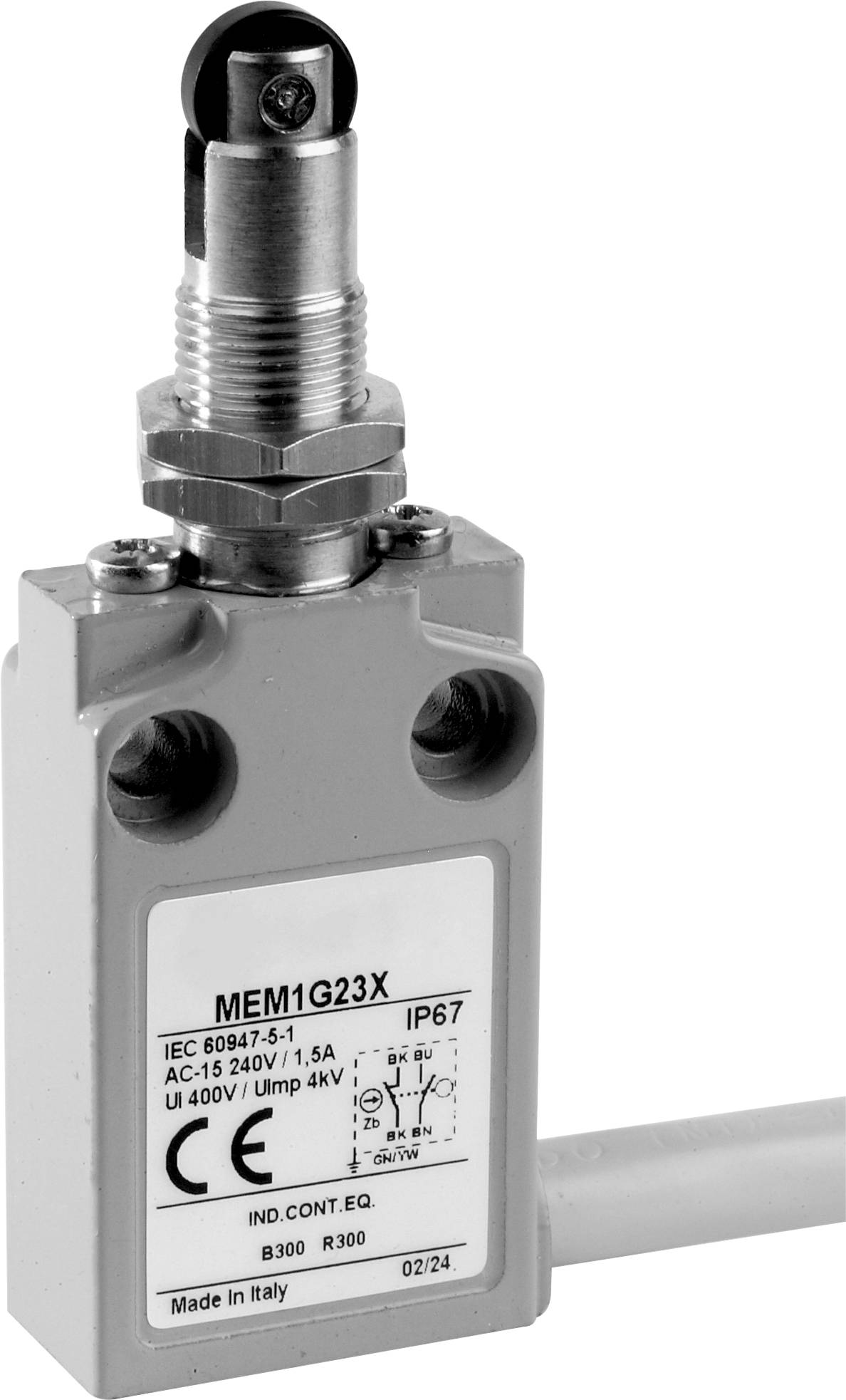 Ein grauer Endschalter mit metallischem Knopf und Kabel, beschriftet mit 'MEM-G23X', technischen Spezifikationen und 'Made in Italy'.