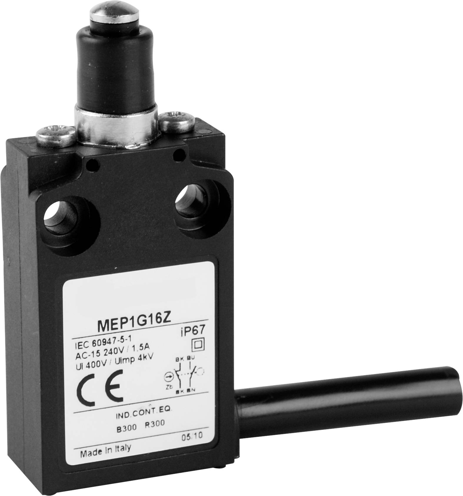 Ein schwarzer Schalter mit Betätigungshebel. Aufdruck zeigt Modell 'MEP1G16Z', technische Daten und CE-Zertifizierung. IP67 geschützt.