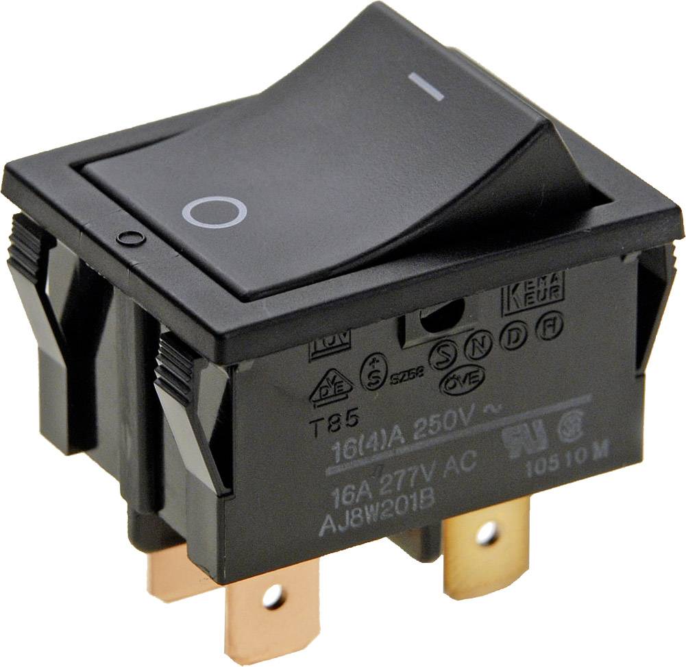 Schwarzer Kippschalter mit Symbol für Ein/Aus, geeignet für 16A und 250V.