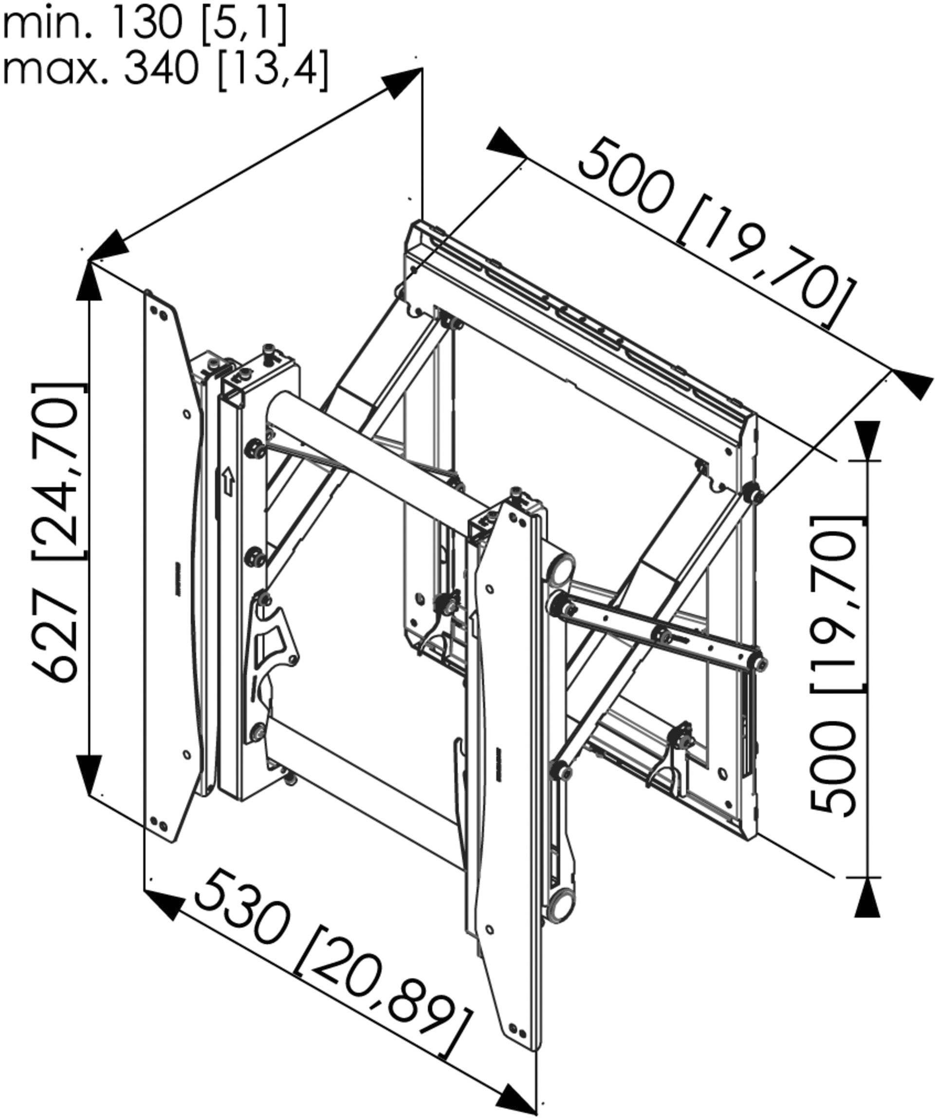 Ein technisches Diagramm zeigt die Abmessungen eines ausziehbaren Fernsehhakensystems: Breite 530 mm, Höhe 627 mm, Tiefe verstellbar von 130 mm bis 340 mm.