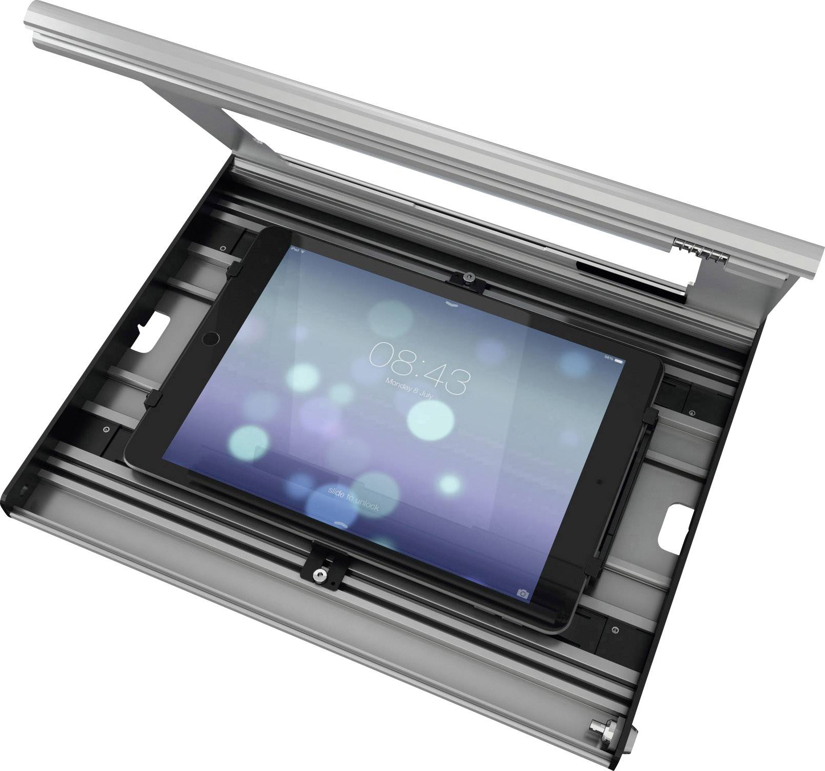 Tablet in einem offenen Metallgehäuse mit einer durchsichtigen Abdeckung. Das Display zeigt die Uhrzeit 08:43.