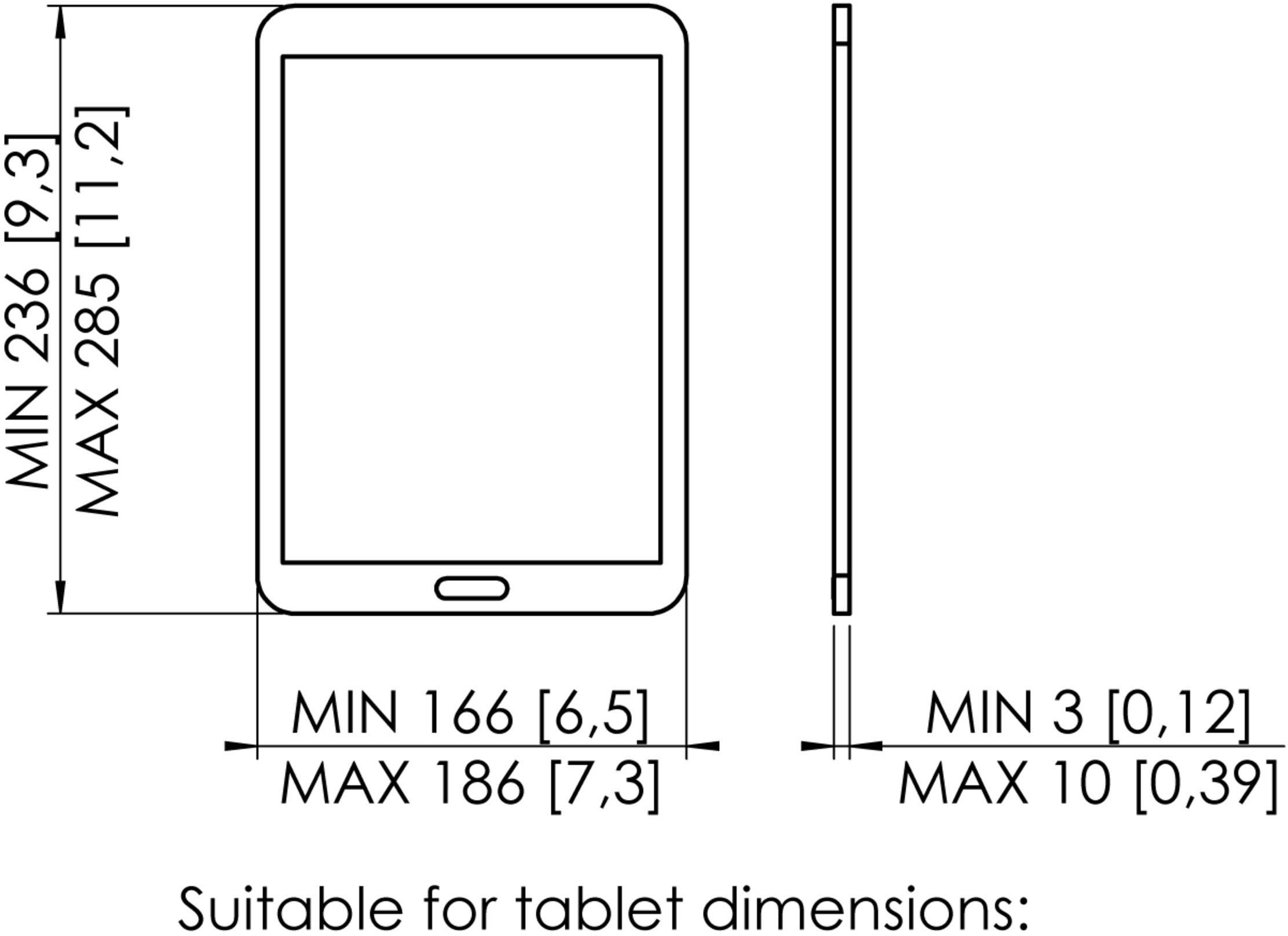 'Geeignet für Tablet-Dimensionen: Höhe 236-285 mm, Breite 166-186 mm, Tiefe 3-10 mm.' Text beschreibt Tabletgrößen.