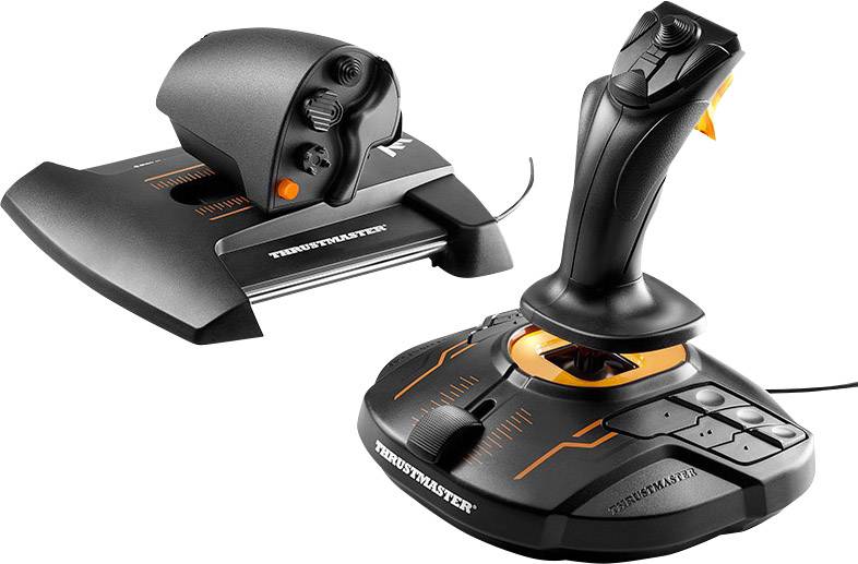 Zwei schwarze, mit Knöpfen versehene Controller im Flugzeug-Stil, einer mit Joystick und einer mit Hebel, beide mit Kabelanschluss.