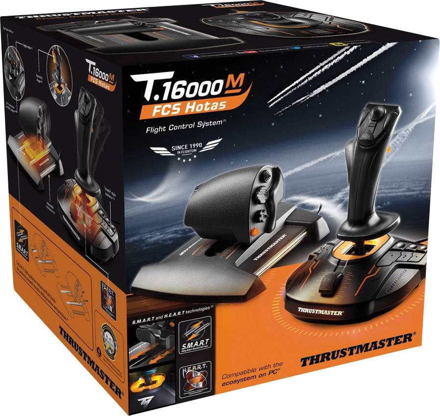 'Thrustmaster T.16000M FCS Hotas'-Verpackung zeigt Joystick und Schubregler, beworben als Flugsimulationssteuerung für PC.