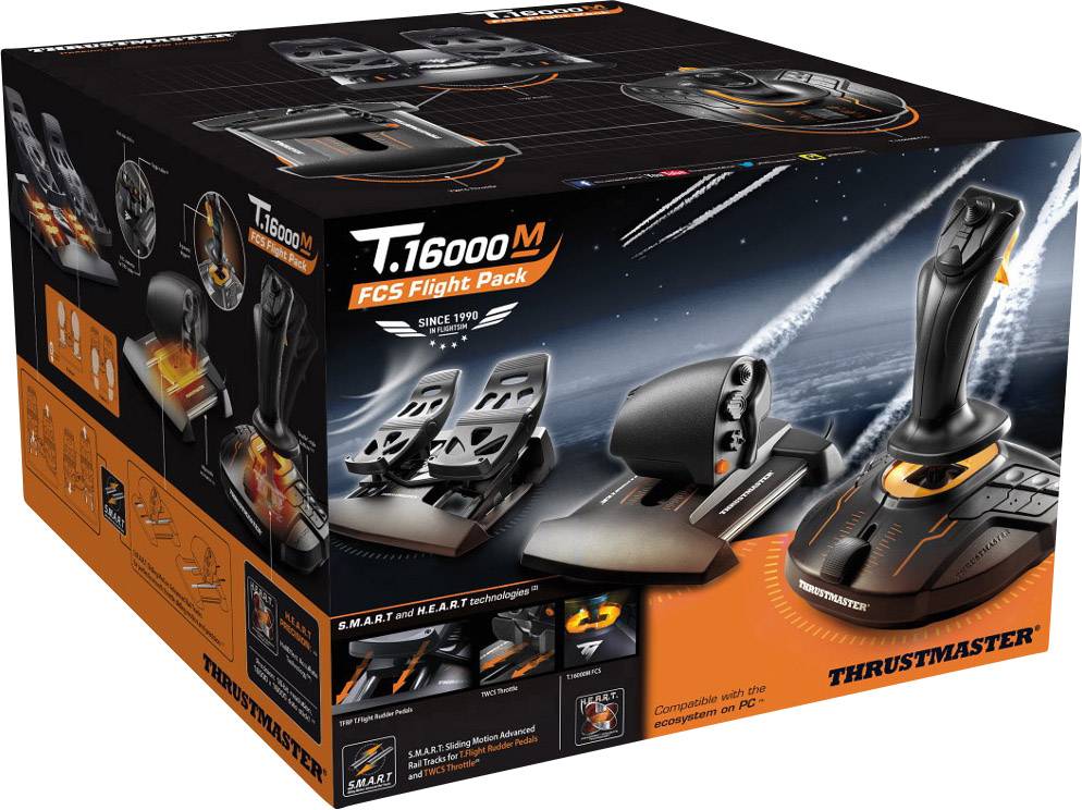 'Thrustmaster T.16000M FCS Flight Pack' Verpackung mit Joystick, Gashebel und Ruderpedalen für realistische Flugsimulatorsteuerung.