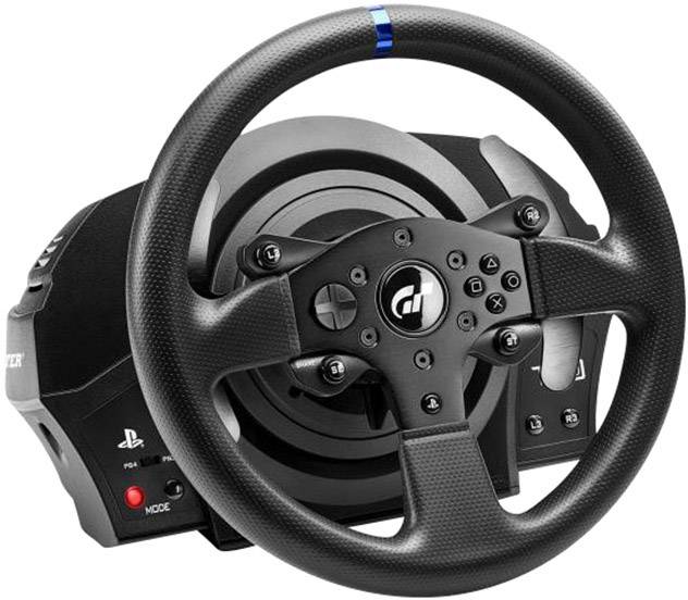 Gaming-Lenkrad mit schwarzem Griff und Knöpfen, geeignet für PlayStation. Robust gebaut, bietet realistisches Fahrerlebnis für Rennspiele.
