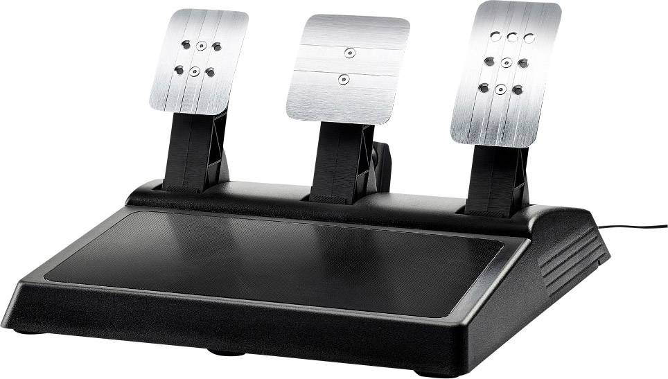 Ein Pedal-Set mit drei Metallpedalen auf einem schwarzen Sockel, geeignet für Rennsimulatoren oder Videospielsteuerungen.