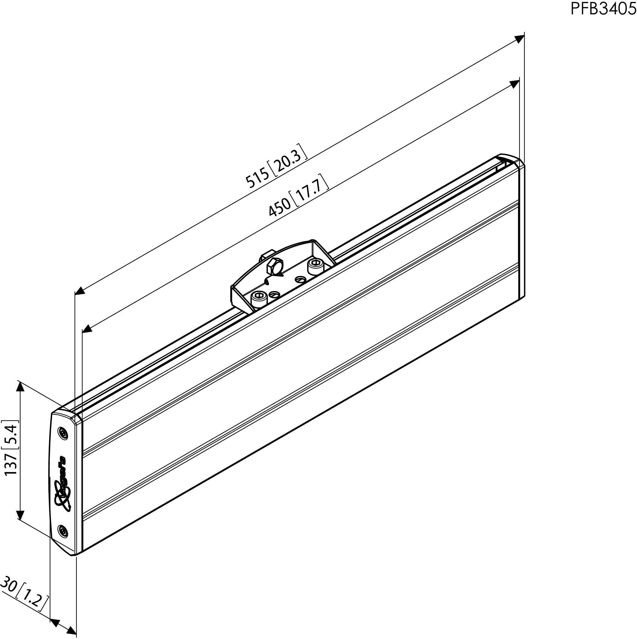 Technische Zeichnung einer Metallhalterung mit den Abmessungen 515 mm Länge, 137 mm Höhe und 30 mm Breite, Modell PFB3405.