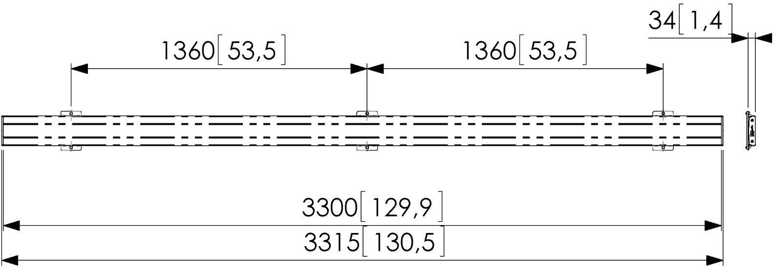 Technische Zeichnung eines mechanischen Bauteils mit Abmessungen: Länge 3315 mm und Breite 34 mm. Enthält weitere Maßangaben.