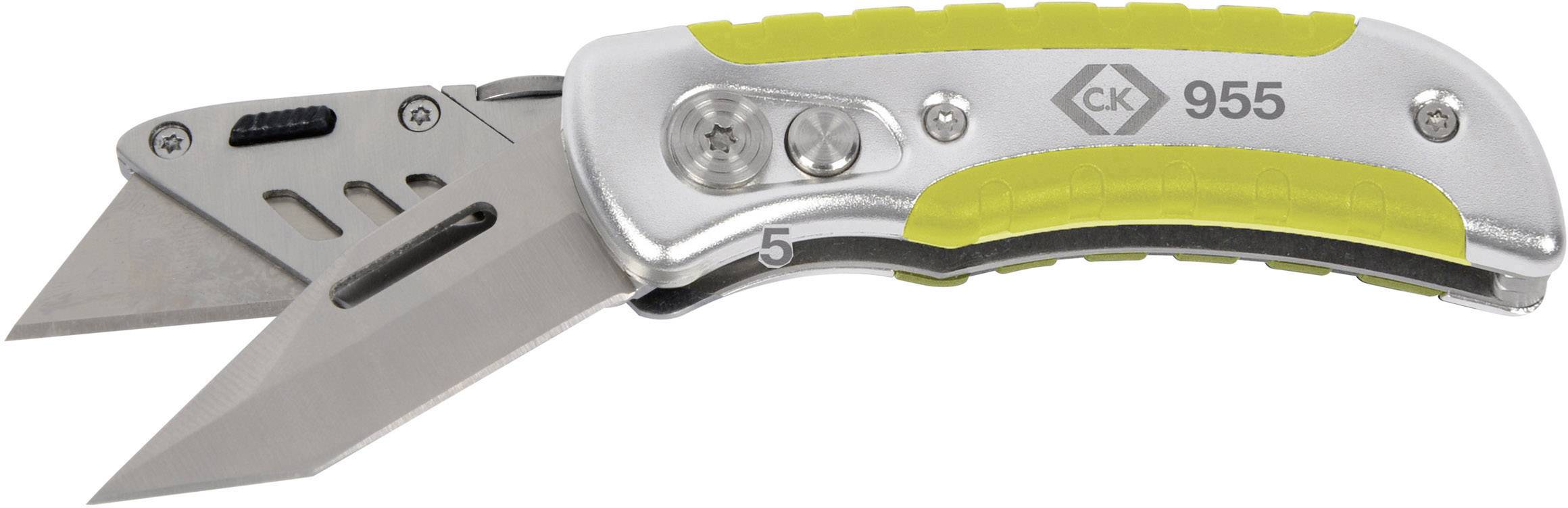 'Ein Klappmesser mit gelbem Griff und ausgeklappter Klinge. Das Messer hat die Aufschrift 