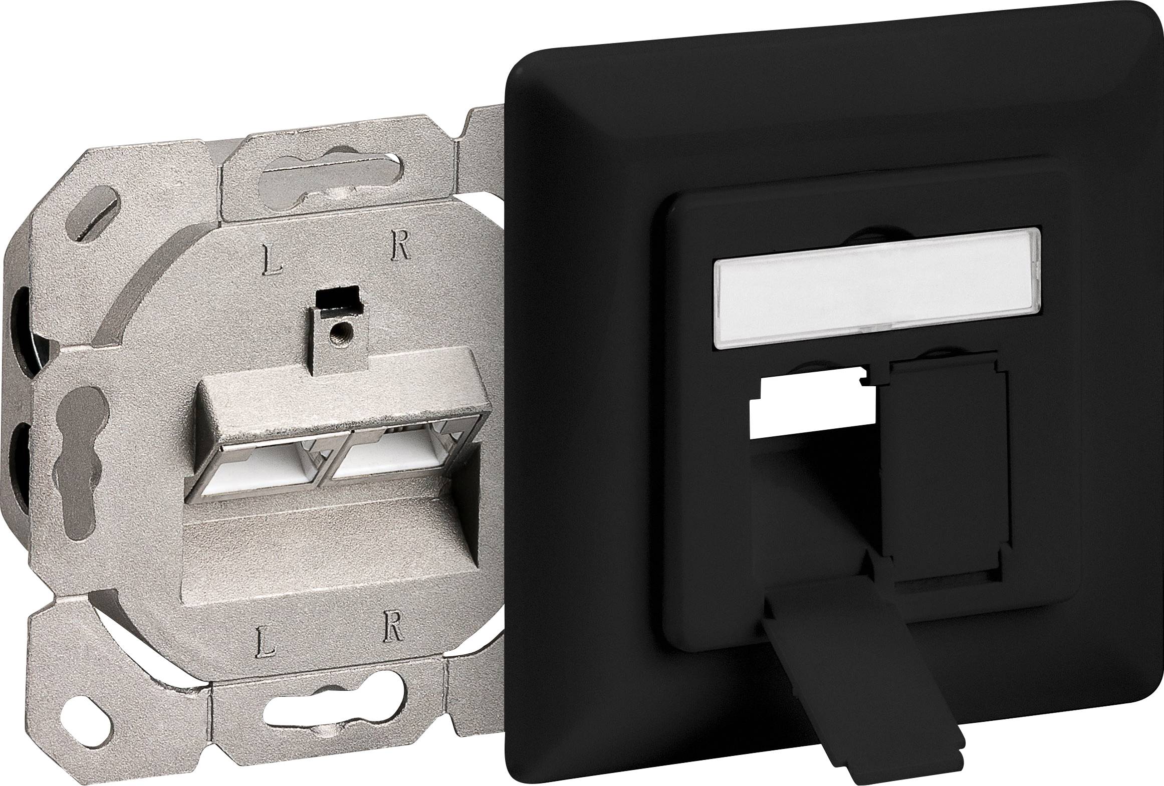 Goobay 71585 Netzwerkdose Unterputz Einsatz mit Zentralplatte und Rahmen CAT 6a 2 Port Schwarz