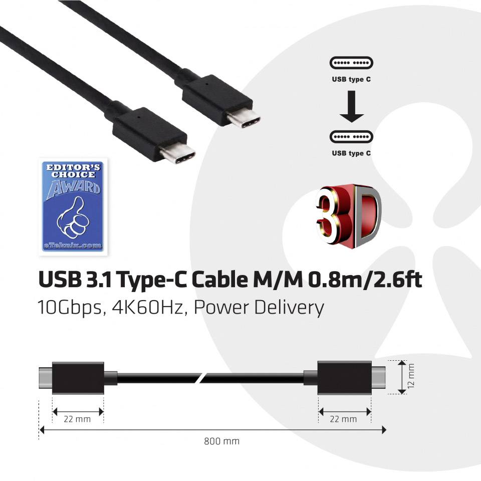 USB 3.1 Typ-C Kabel, Stecker/Stecker, Länge 0,8m/2,6ft, unterstützt 10Gbps, 4K60Hz, Power Delivery, mit Abbildung der Anschlussmaße.