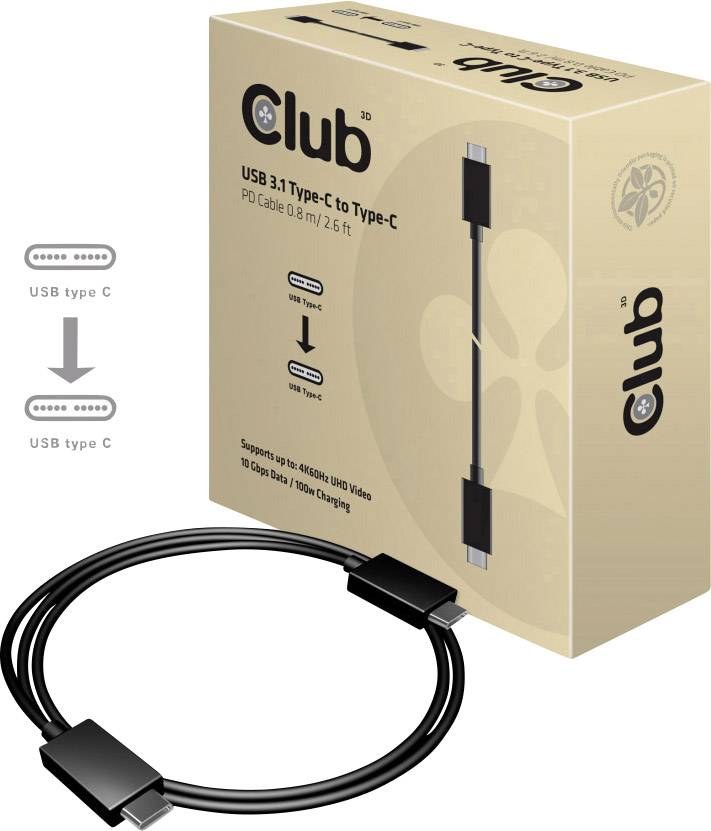 USB 3.1 Type-C Kabel, 0,8 Meter, zeigt eine Verbindung zwischen zwei Geräten. Verpackung enthält Bild und Infos zum Produkt.