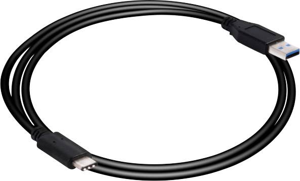 Schwarzes USB-Kabel mit USB-A- und USB-C-Steckern, ermöglicht Verbindung zwischen Geräten.