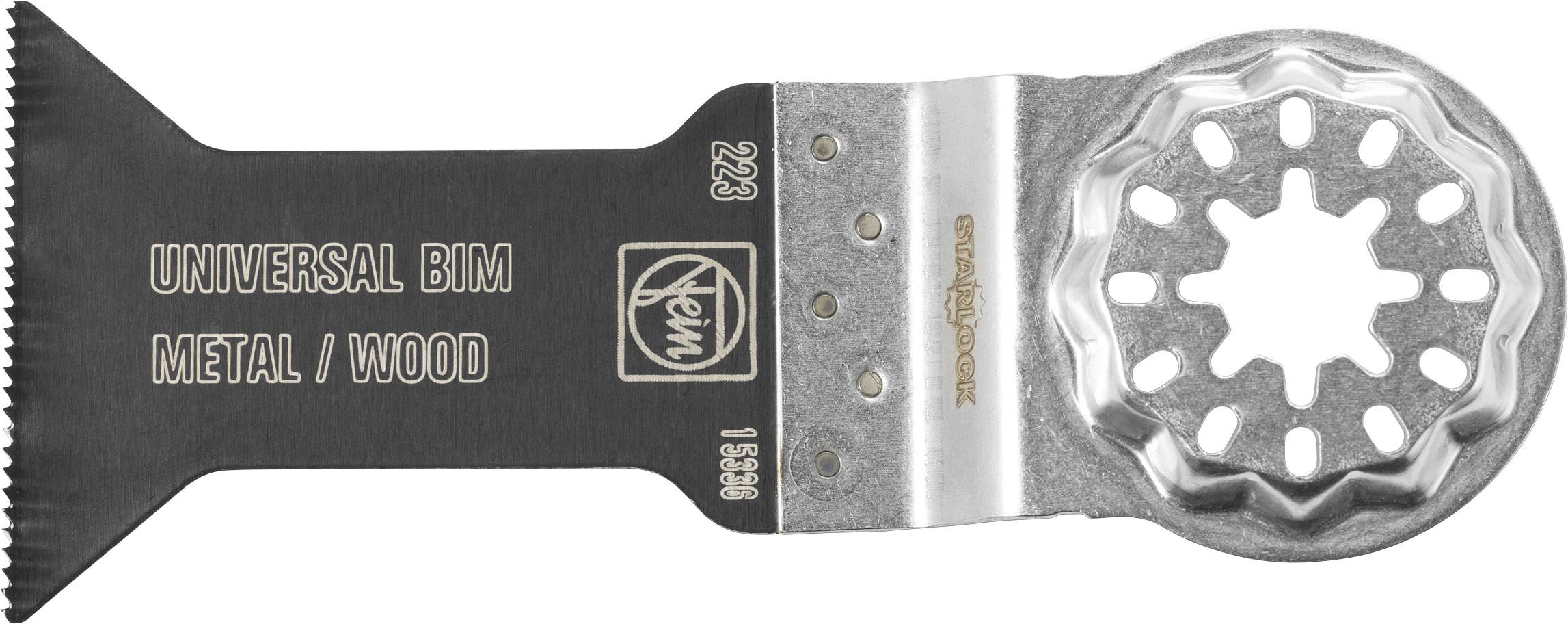 Oszillierendes Sägeblatt mit der Aufschrift 'Universal BIM Metal/Wood'. Es hat gezackte Kante und sternförmige Befestigung. Geeignet für Metall und Holz.