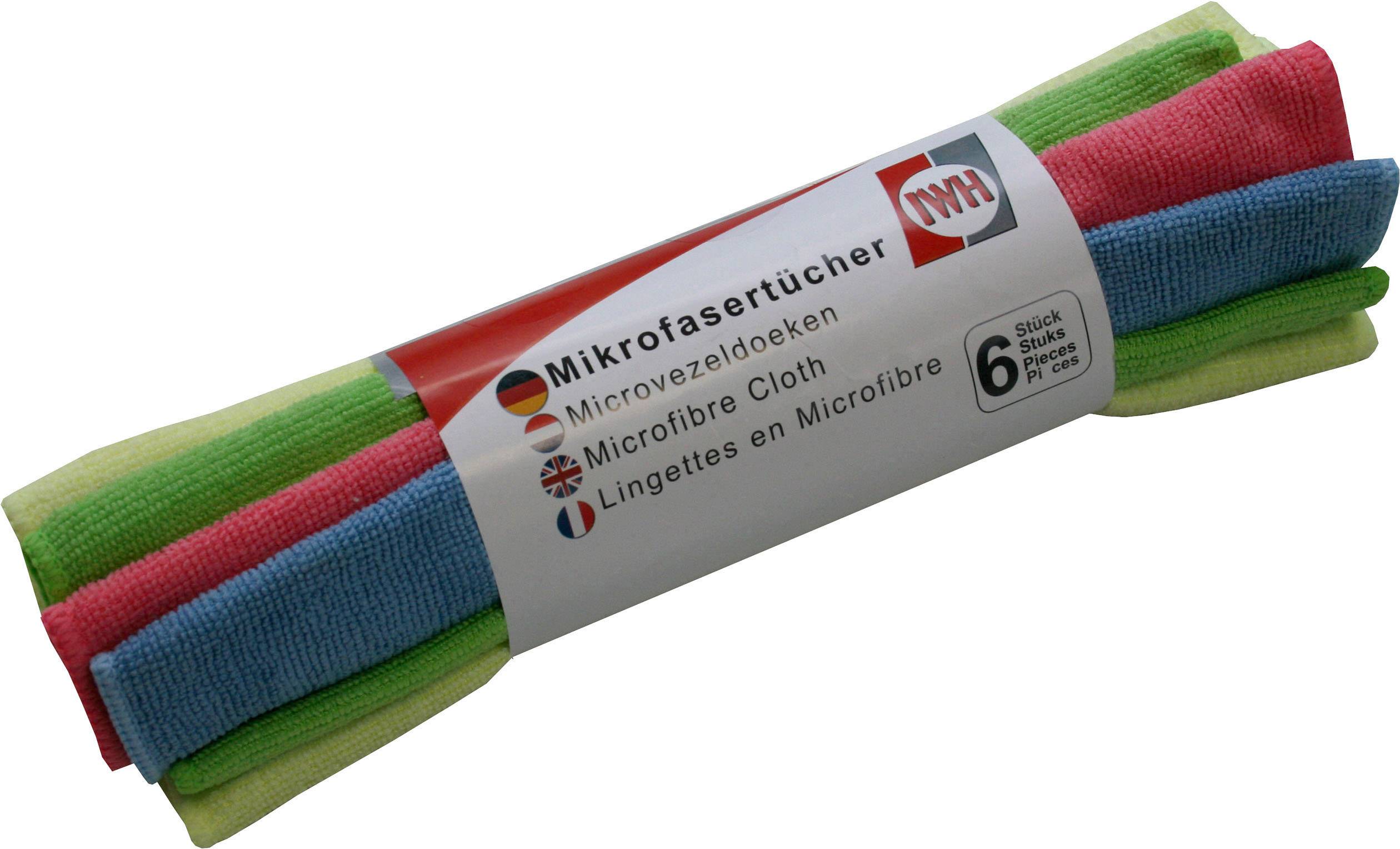 Sechs bunte Mikrofasertücher in Packung. Verpackung informiert über Produkt und enthält Text in verschiedenen Sprachen.