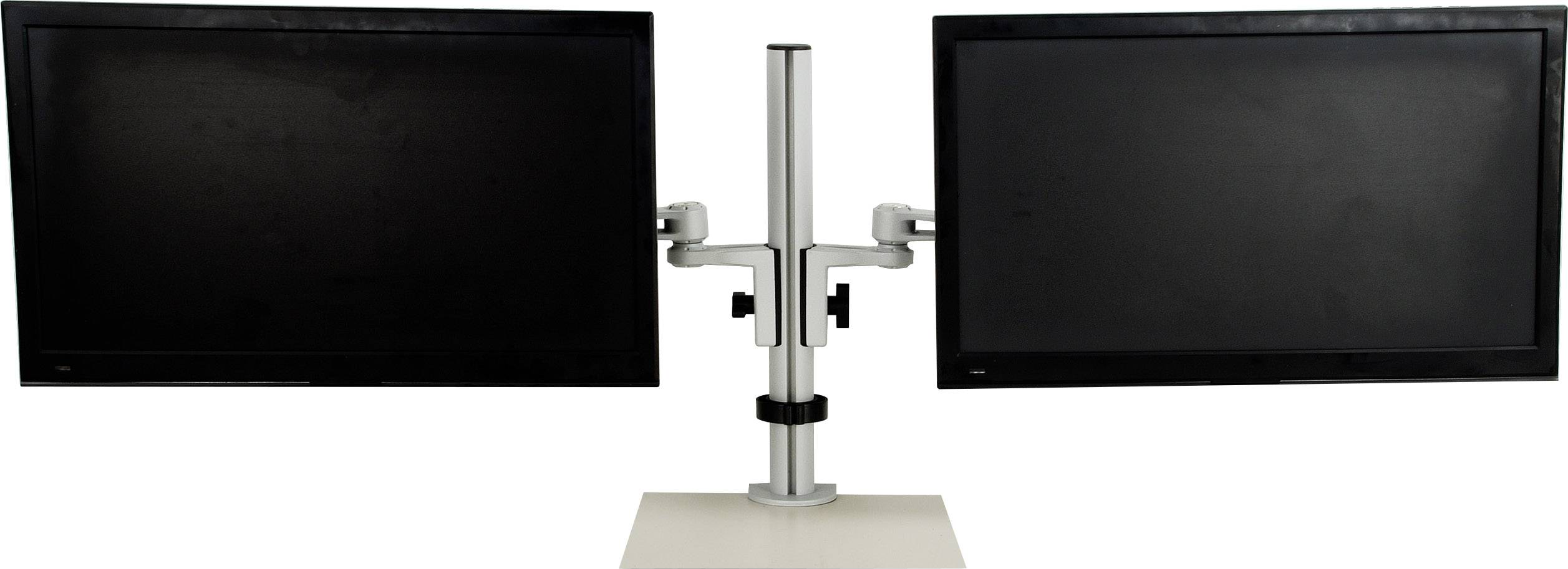 Zwei nebeneinander montierte Computermonitore auf einem einstellbaren Doppelhalterungsständer.