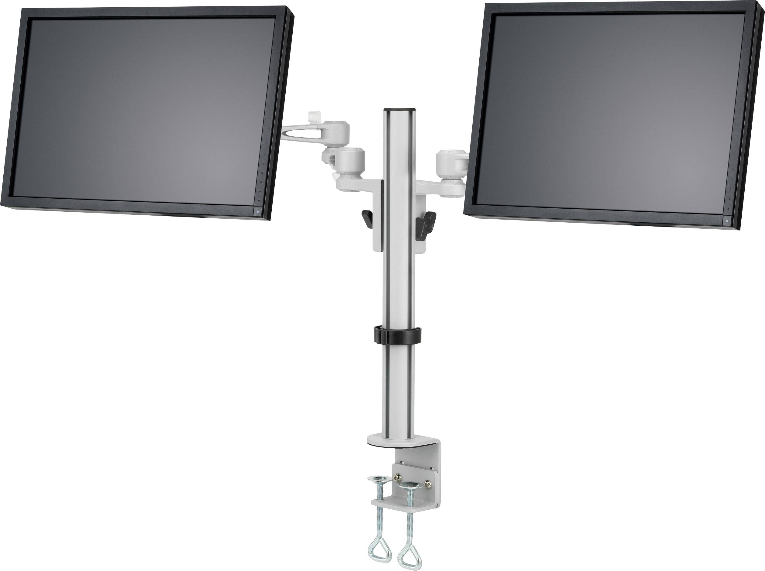 Zwei Monitore an einem höhenverstellbaren Doppelmonitor-Arm, montiert an einem Schreibtisch, ideal für ergonomisches Arbeiten.