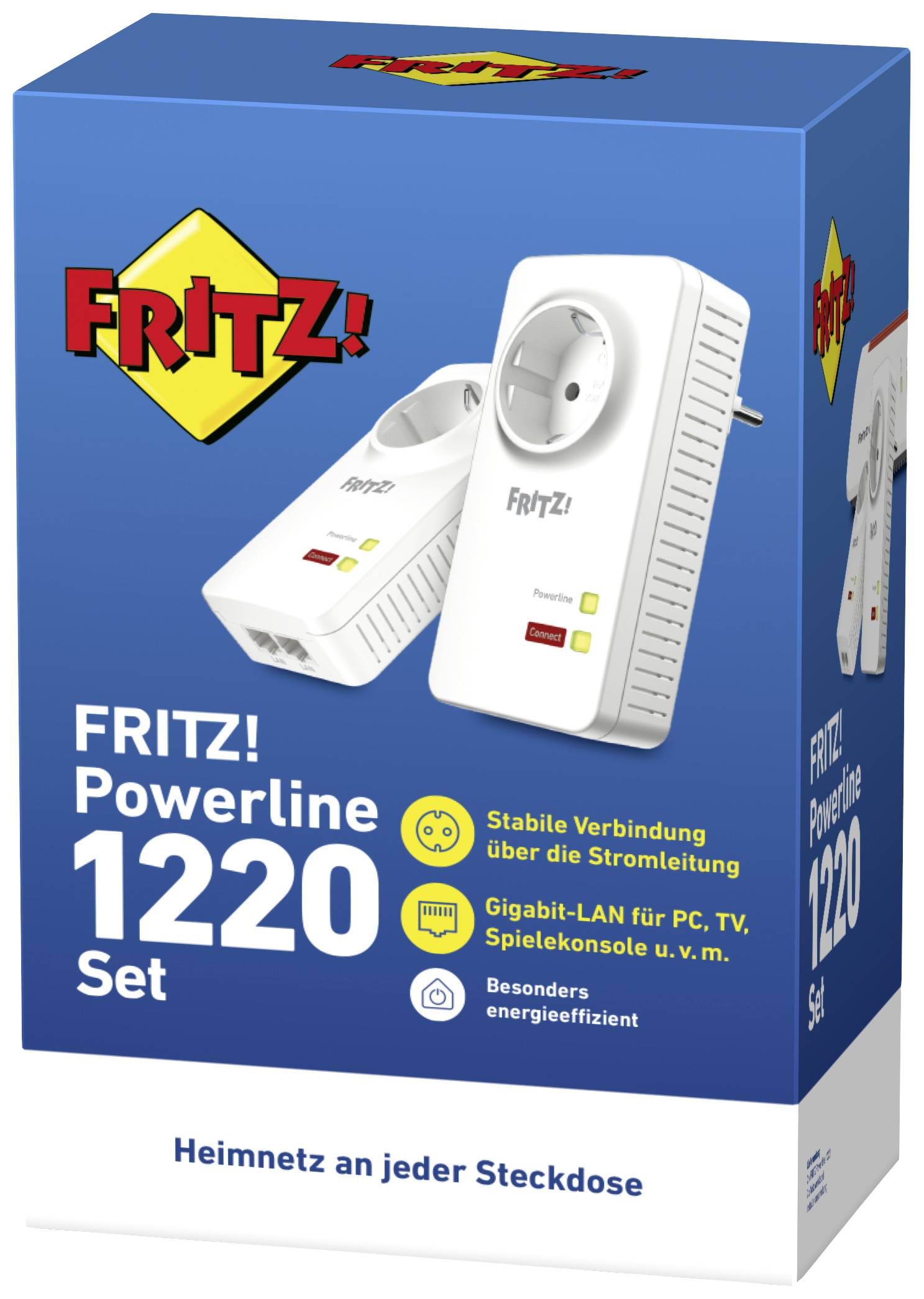 Verpackung des FRITZ! Powerline 1220 Sets, zeigt zwei Adapter. Beschriftung betont stabile Verbindung und Energieeffizienz.